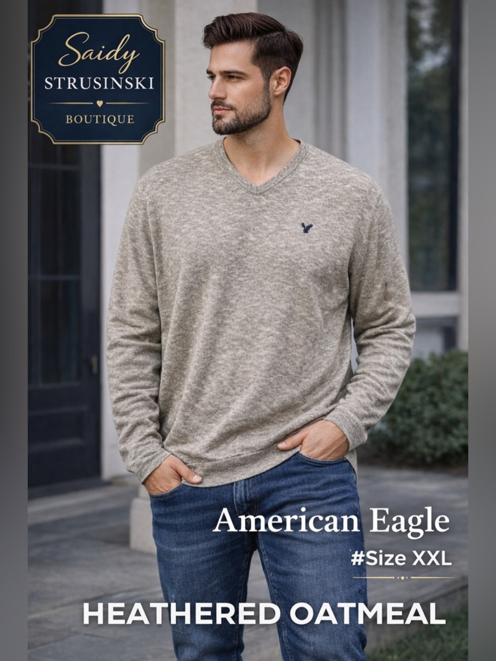 American Eagle Outfitters Classic Fit V-Neck heather gray Sweater XXL